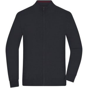 A men's zip cardigan in black, featuring a front zip and a collar. It has long sleeves and a casual style.
