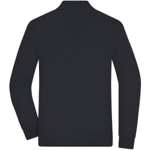 A men's zip cardigan in dark grey, featuring long sleeves and a high collar. It has a logo on the back.