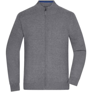 A grey zip cardigan with long sleeves and a high collar. Features a zip closure and has a branding logo.