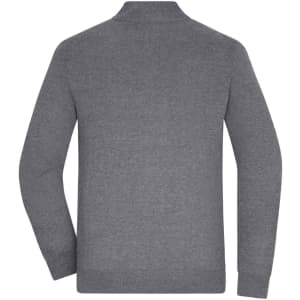 A men's zip cardigan in grey, featuring long sleeves and a collared design. The back view highlights its simple style.