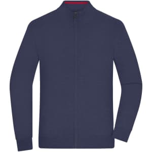 A navy blue men's zip cardigan with long sleeves and a high collar. Features a subtle branding logo.