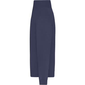 A navy blue men's zip cardigan, featuring a high neck and long sleeves, with a logo present.