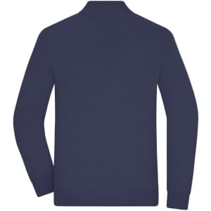 A navy men's zip cardigan with long sleeves and a simple design, featuring a back view.
