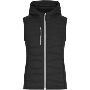 A black Ladies Hybrid Vest with a hood and zippered pockets, featuring a sleek, quilted design.