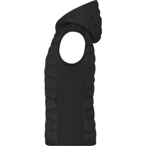 A black ladies hybrid vest with a hood, featuring a padded design and no sleeves. It has a zip pocket.