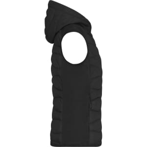 A black ladies hybrid vest with a hood and a zip pocket, featuring a quilted design.