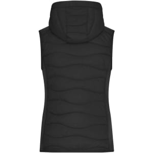 A black ladies hybrid vest with a hood, featuring a quilted design and no sleeves. It has a logo on the back.