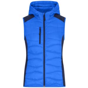 A blue ladies' hybrid vest with a hood, featuring a zip front and side panels in a darker shade.