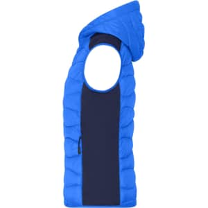 A blue hybrid vest with a hood, featuring a quilted design and contrast side panel. It includes a logo.