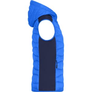 A blue hybrid vest with a hood, featuring a quilted design and a contrasting navy side panel.