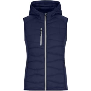 A ladies hybrid vest in navy blue with a hood and zippered pockets, featuring a sleek, quilted design and a logo.