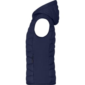 A navy blue ladies hybrid vest with a hood and padded design, featuring an armhole and side zip pocket.