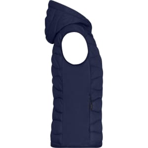 A navy blue ladies hybrid vest with a hood, featuring a padded design and a side zip pocket.