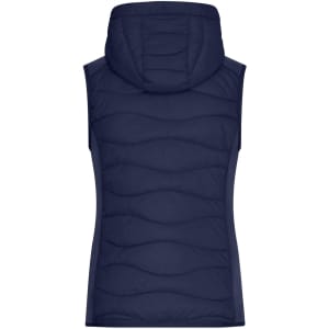 A navy blue ladies hybrid vest with a hood and quilted design, featuring a logo.