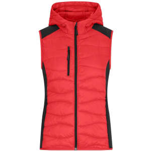 A red hybrid vest with a hood, featuring black side panels and a zip front, along with a small zip pocket.
