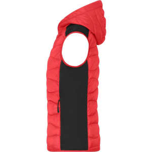 A red and black ladies hybrid vest featuring a hood and a quilted design. It has a side zip pocket and a logo.