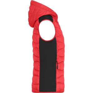 A red and black hybrid vest featuring a hood and a quilted design, with a side pocket.