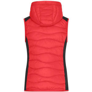 A red hybrid vest with a hood, featuring black side panels and a quilted design. It includes a logo.