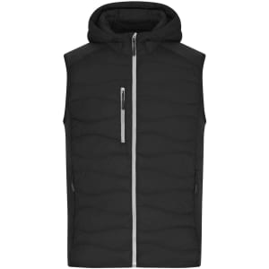 A black hybrid vest with a hood, featuring zippered pockets and a sleek design, including branding.