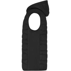 A black hybrid vest with a hood, featuring a quilted design and open armholes. It has a logo on the fabric.