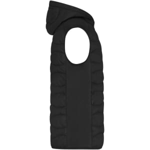 A black men's hybrid vest with a hood, featuring a puffy design and an open armhole style.