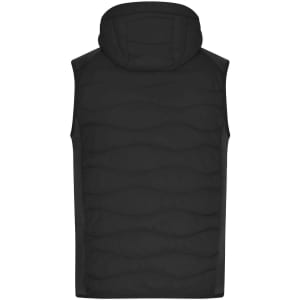 A black men's hybrid vest with a hood, featuring a quilted design and no sleeves. It has a branding logo.