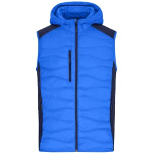 A blue hybrid vest with a hood, featuring a zip front and dark blue side panels, and a small zip pocket.