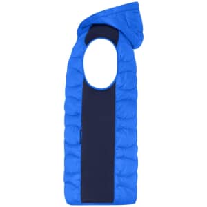A blue hybrid vest featuring a padded design with a hood and contrasting navy side panels. It includes a logo.