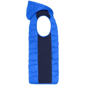 A blue hybrid vest featuring a hoodie, with a dark blue side panel and an overall puffy design.