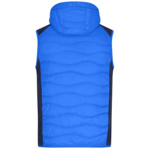 A blue hybrid vest with a hood, featuring a quilted design and dark navy side panels. It has a logo on it.