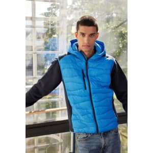A blue and navy hybrid vest with a hood, featuring a zip front and a logo on the chest.