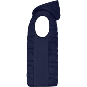 A navy blue men's hybrid vest featuring a padded design and an open armhole style.