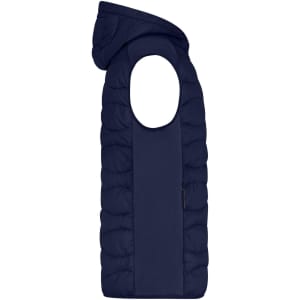 A navy men's hybrid vest featuring a hood and sleeveless design, with visible branding on the side.