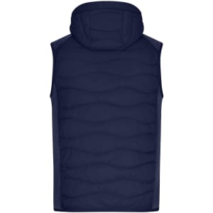 A navy blue men's hybrid vest with a hood, featuring a quilted design on the back and branding.