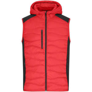 A red hybrid vest with a hood, featuring black side panels and a zip pocket on the chest. It has a logo.