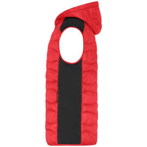 A red and black men's hybrid vest featuring a sleeveless design and a hood. It includes a logo on the front.