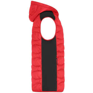 A red and black men's hybrid vest with a hood and sleeveless design, featuring a logo.