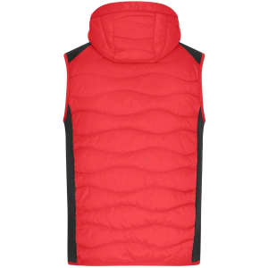 A red men's hybrid vest with a hood and black side panels, featuring a quilted design and logo.