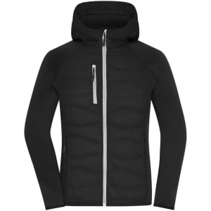 A black hybrid jacket featuring a hood, zip pockets, and contrasting grey details. It has a logo on the sleeve.