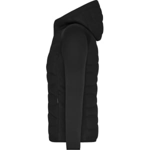 A black ladies hybrid jacket with a hood, featuring a quilted design and a fitted silhouette.