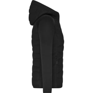 A black ladies hybrid jacket featuring a padded body and a fitted design with a hood.