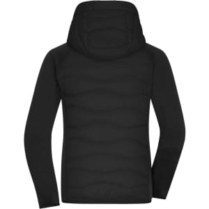 A black ladies hybrid jacket featuring a hood and a puffy design, with a smooth back view and no visible branding.