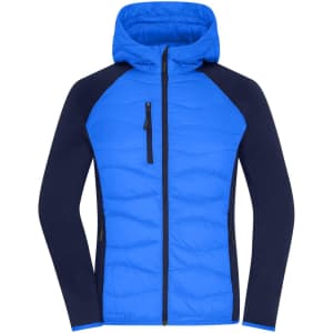 A hybrid jacket featuring a blue puffy front and navy sleeves. It has a zip-up front and a hood, with a logo present.