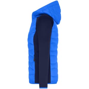 A blue hybrid jacket featuring a puffy hooded design with a fitted dark navy sleeve and side view.