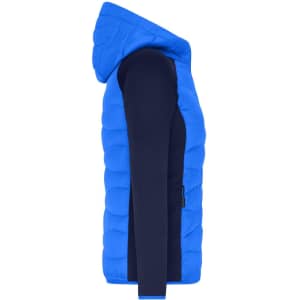 A blue hybrid jacket featuring a puffy hooded design and a fitted navy sleeve, with a logo present.
