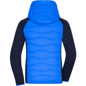 A hybrid jacket featuring a blue quilted body and dark blue sleeves. It has a hood and a logo on the design.