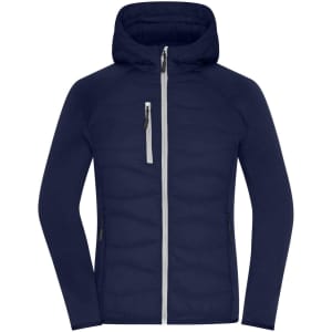A navy hybrid jacket with a zip front and hood, featuring grey accents and a logo on the chest.