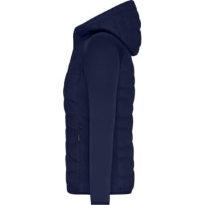 A navy blue ladies hybrid jacket with a hood, featuring a quilted design and zippered side pockets.
