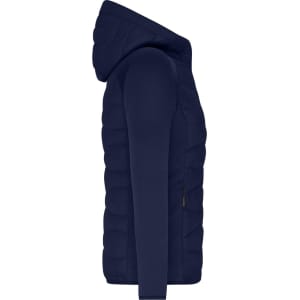 A navy hybrid jacket featuring a hood and quilted design, with a side view showcasing its fitted silhouette.