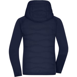 A navy hybrid jacket featuring a hood, showcasing a quilted design on the back. It has a small logo.